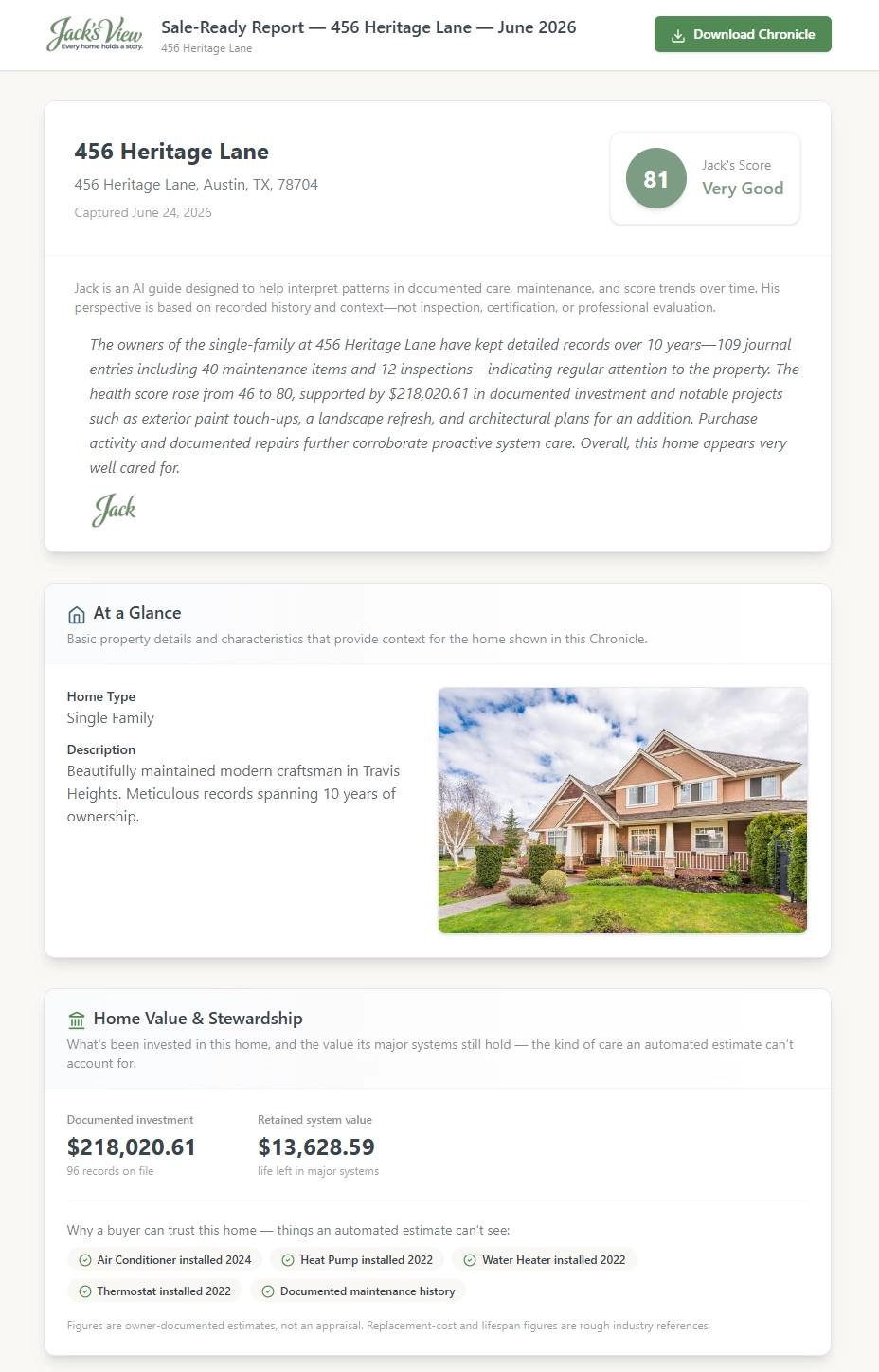 A finished Sale-Ready report — home address, Jack's Score, a narrative summary, and documented value